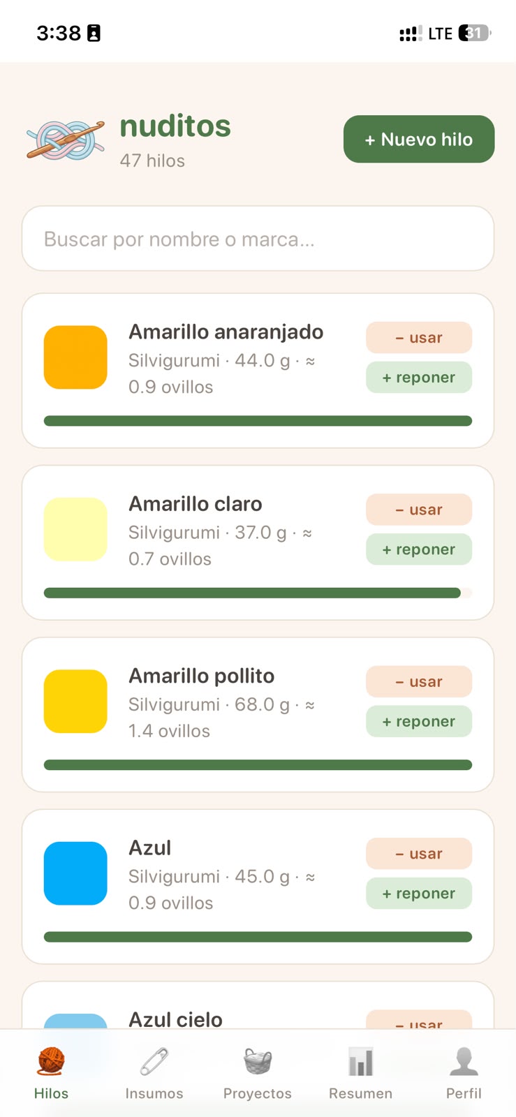 Lista de hilos en Nuditos